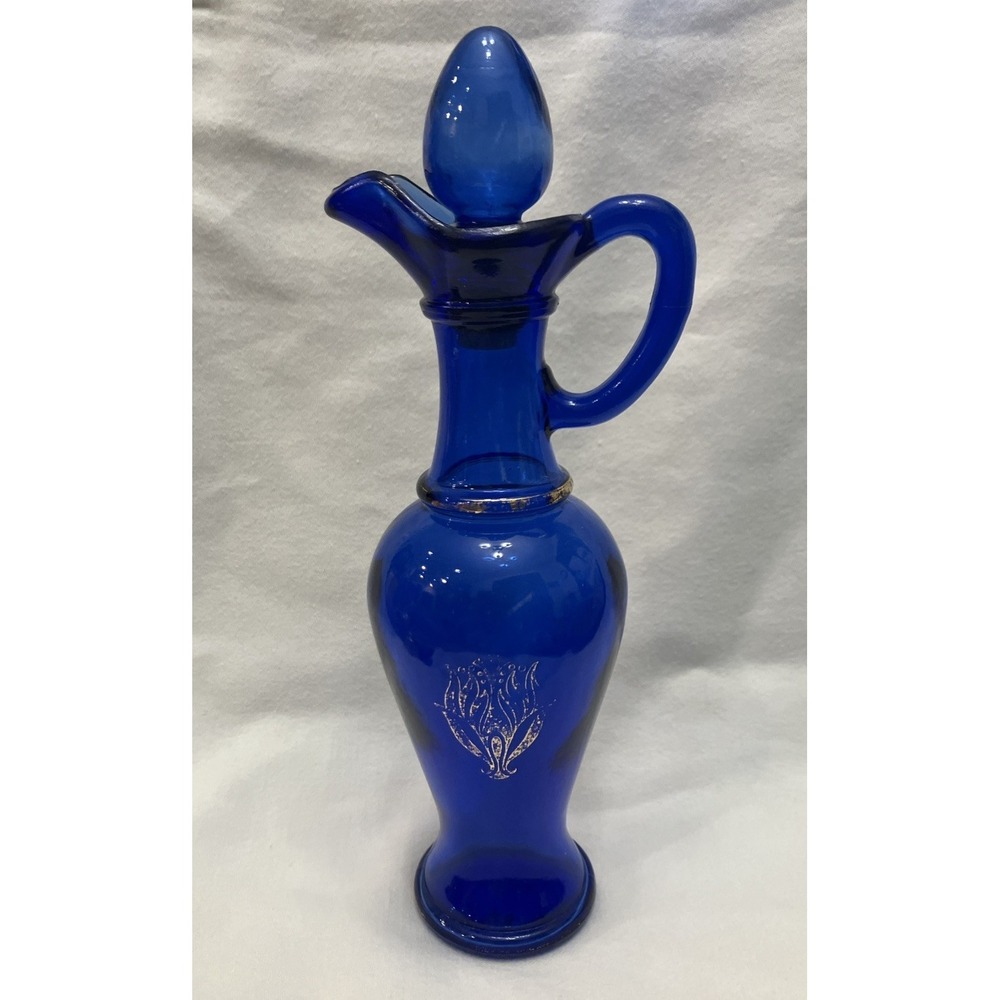 Vintage Avon Cobalt Blue Glass Cruet Bottle with Stopper & Handle 9" Decanter